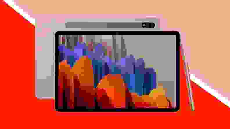 Image of tablet device against a pink/red background