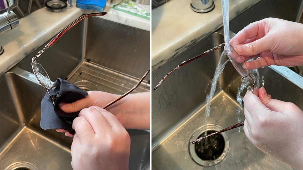 Author cleaning glasses with a black microfiber cloth and rinsing glasses with water over sink
