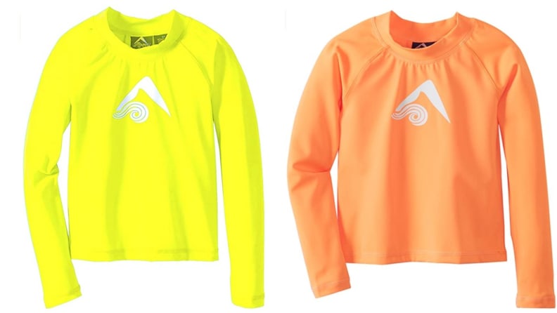 A bright yellow and a bright orange long sleeved rash guard