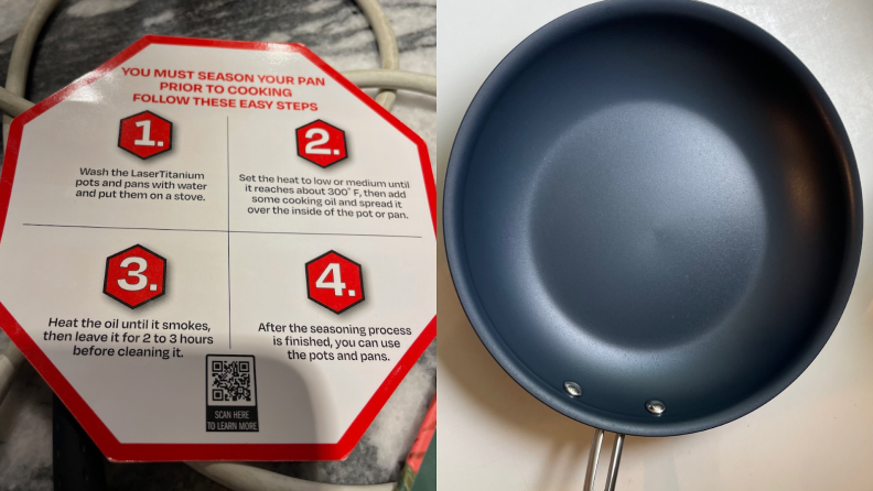 Printed instructions on the back of a a paper stop sign next to an empty Guy Fieri Flavortown Laser Titanium skillet.