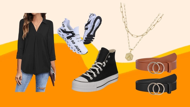 black collard blouse, converse shoes, blacka and brown belt set, gold initial necklace, white running shoes