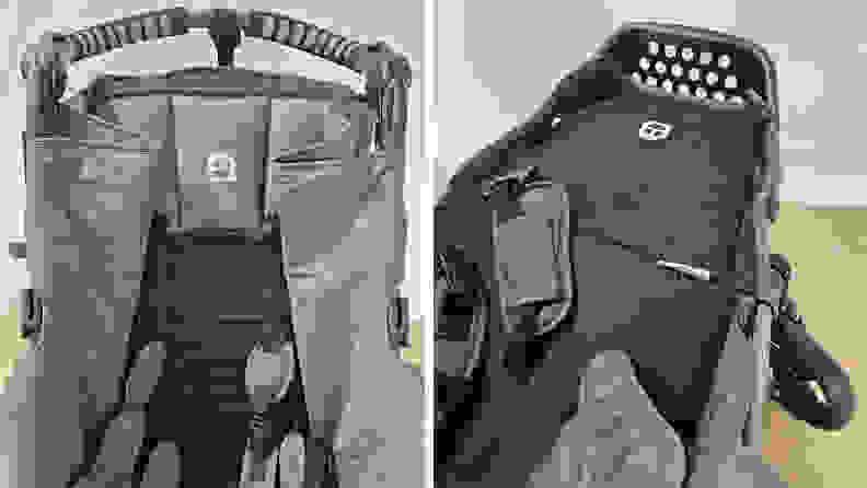 A close-up, side-by-side of the Special Tomato EIO Push Chair's straps and buckles.