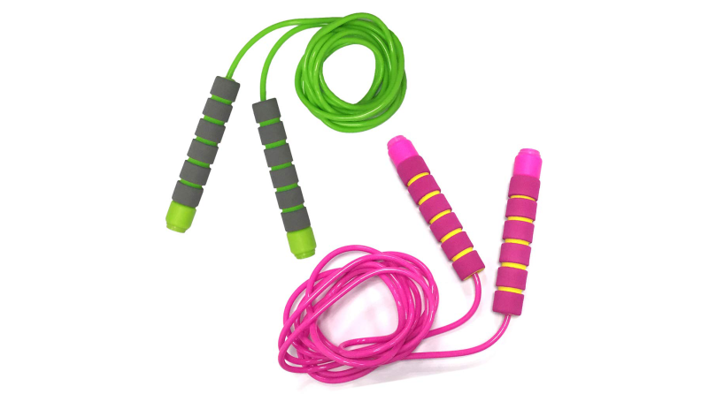 A pink jump rope and a green jump rope.