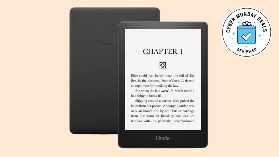 The Kindle Paperwhite, front and back, on a peach background.