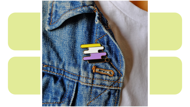 An enamel pin with the colors of the Nonbinary Flag.