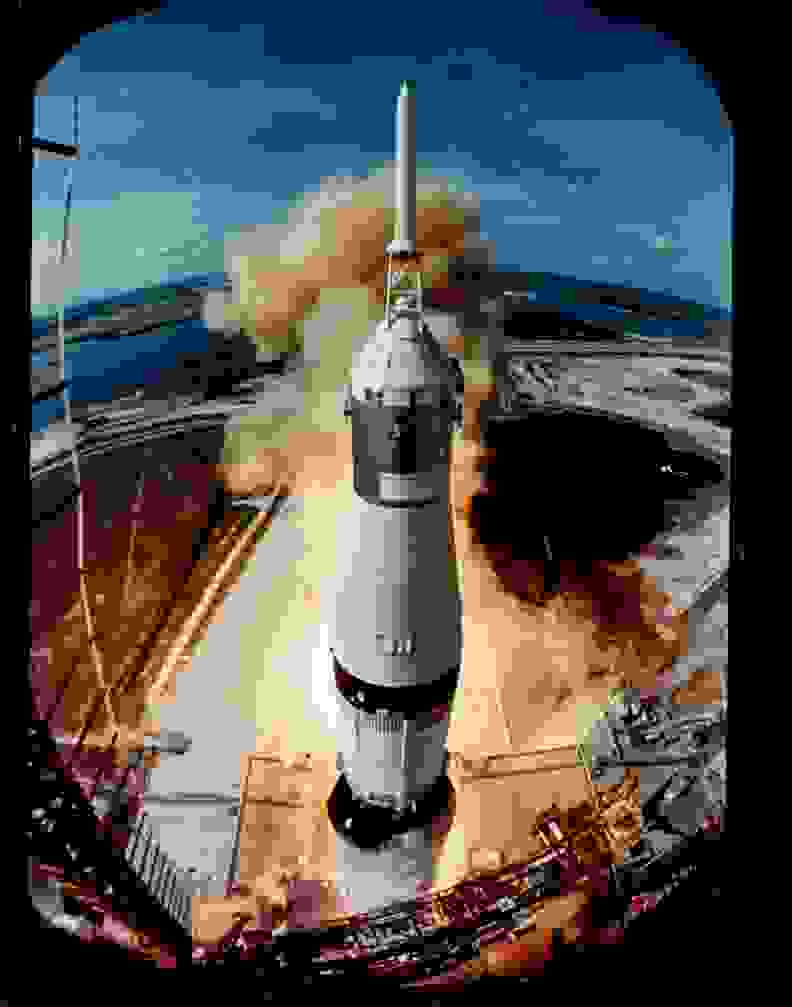 Apollo 11 lifts off on its historic flight to the Moon, 16 July 1969.