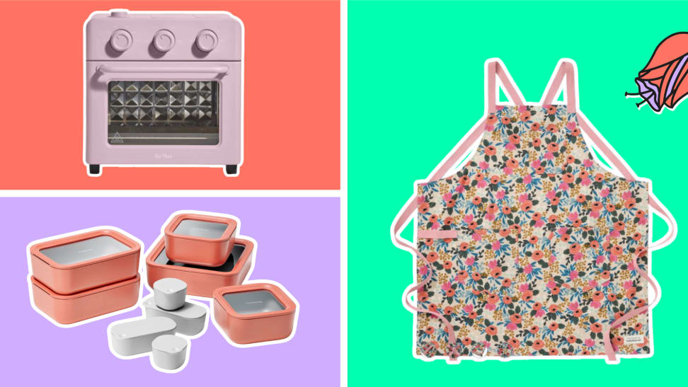 A selection of our best Mother's Day kitchen gifts, including a lavender Our Place Wonder Oven, a set of Caraway food storage containers, and a floral Hedley & Bennett apron.
