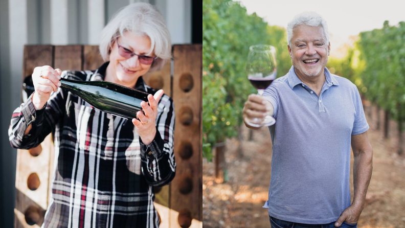 Two winemakers holding a bottle of wine in a warehouse and holding a wine glass in a vineyard.