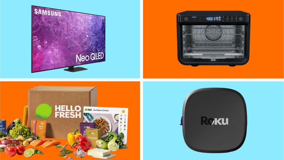 A colorful collage with a Samsung TV, a Ninja toaster oven, a Hello Fresh meal kit delivery, and a Roku streaming device.