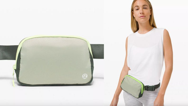 On left, product shot of olive green, sage green and mint green belt bag. On right, woman wearing white sleeveless top, gray leggings and green multi-colored belt bag.