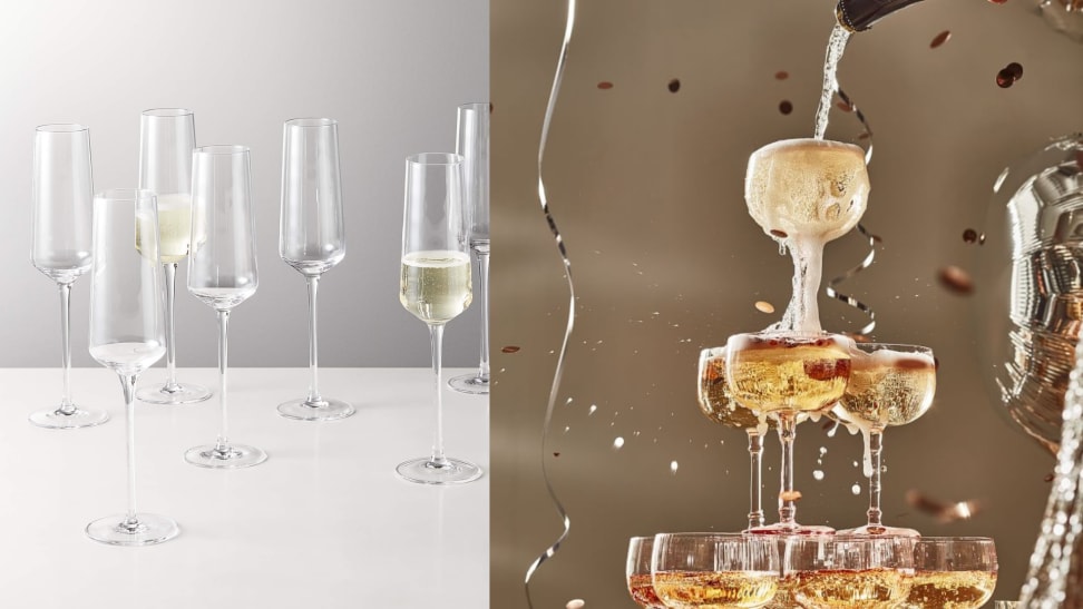 On the left, a set of squared champagne flutes. On the right, a tower of champagne coupes.