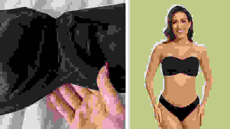 An image of a model wearing a bra, and also a close-up of the underwires inside the same bra.