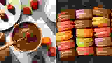 On left, a photo of a strawberry being dipped into a bowl of chocolate fondue. On right, three rows of colorful macarons shot from above