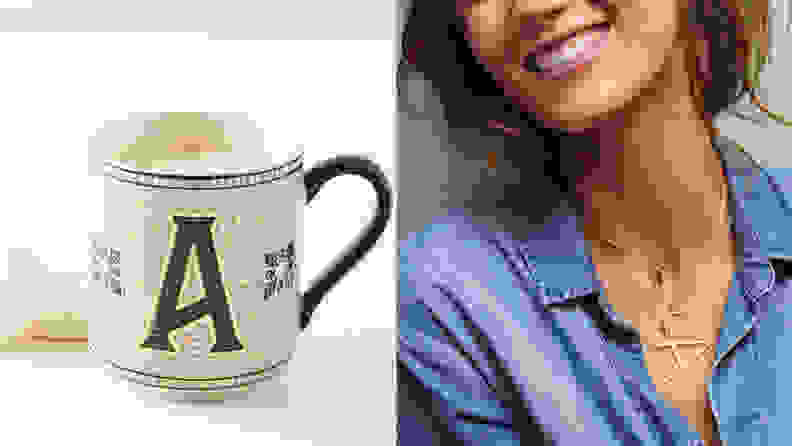 A monogrammed coffee mug and woman wearing a monogrammed necklace at Anthropologie.