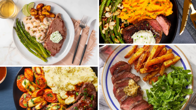 Four images of a steak dinner on a dinner plate.