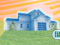 Cartoon graphic of suburban home surrounded by grass.