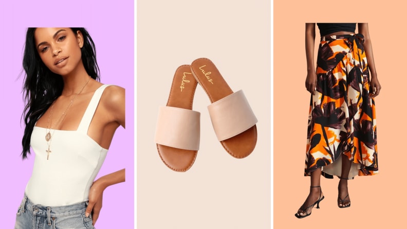 white tank top, nude slide sandals, floral black, yellow, and orange dress