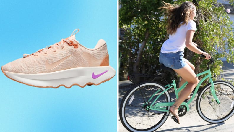 On left, single Nike sneaker laced up in peach color. On right, person enjoying a bike ride outdoors on teal cruiser bike.