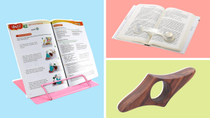 a three-panel image showing the Camelmother, Superior Essentials, and Talisma book holders on different colored backgrounds