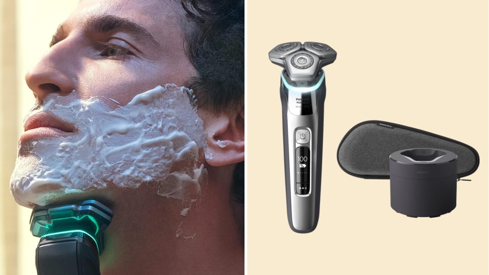 A collage of a Philips Norelco electric razor and someone saving it.