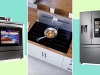 On left, LG stove with food cooking inside. In middle, skillet cooking on top of stove grates. On right, Samsung smart refrigerator.