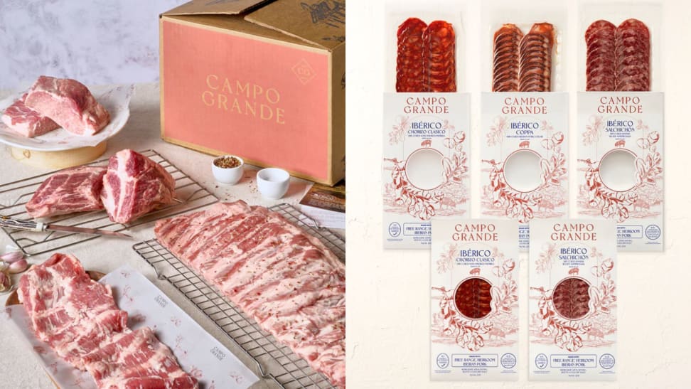 Left: racks of ribs and cuts of meat sit in front of a Campo Grande box. Right: 5 packages of charcuterie meats.