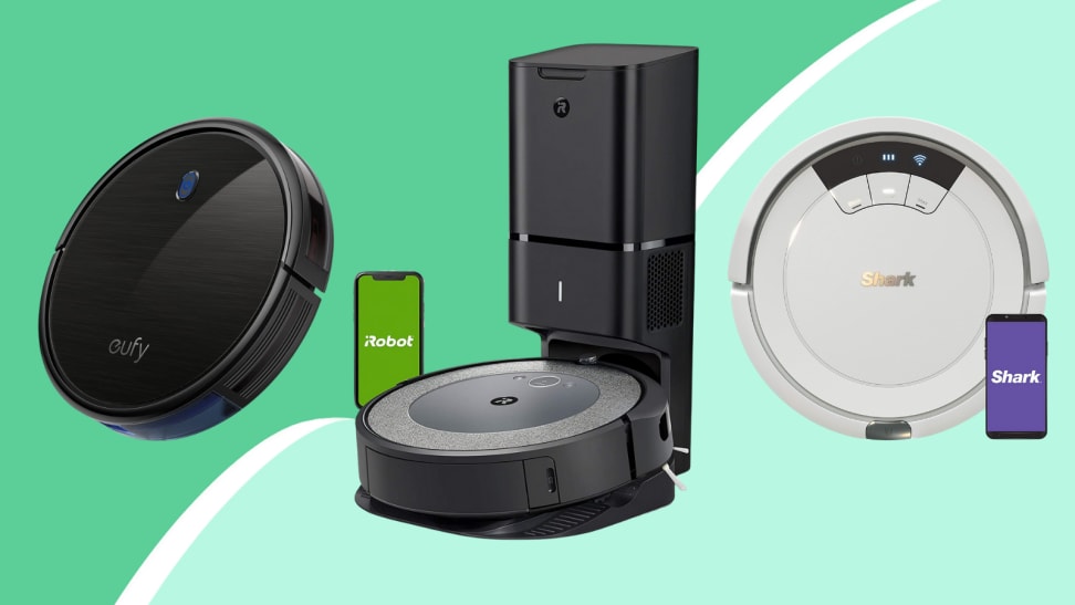 A Eufy, iRobot, and Shark robot vacuum on a green background.