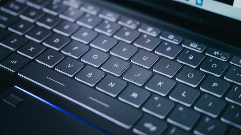 A close-up of the MSI Prestige Evo 14's backlit keyboard.
