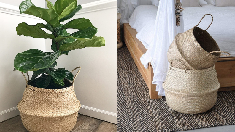 On left, potted plant in straw basket. On right, two vertically stacked whicker baskets on bedroom floor in front of bed.