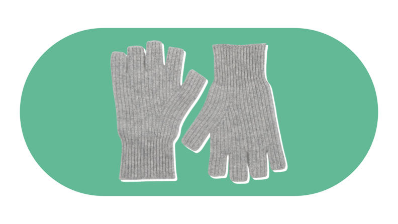 A pair of gray fingerless knit gloves.