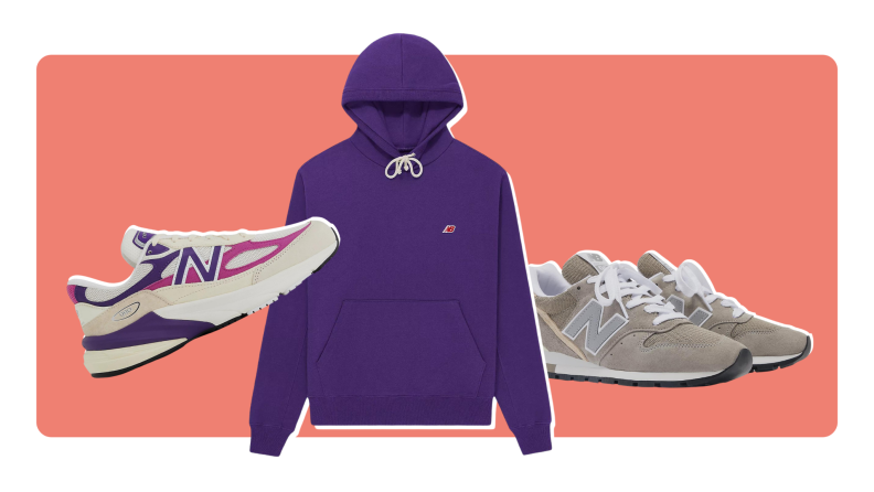 A sneaker with pink and purple details, a purple sweatshirt, and a pair of sneakers in gray suede.