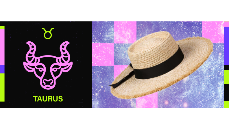 On the left is the symbol for Taurus, and on the right is a straw boater hat with a black ribbon.