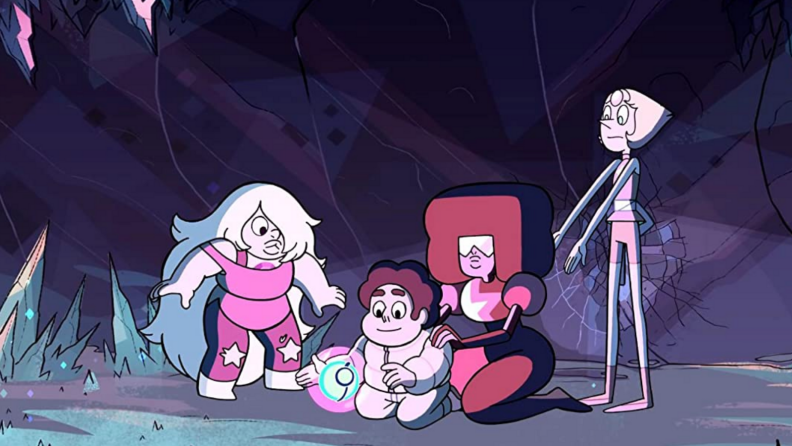 A still from Stephen Universe featuring Stephen and the Crystal Gems.