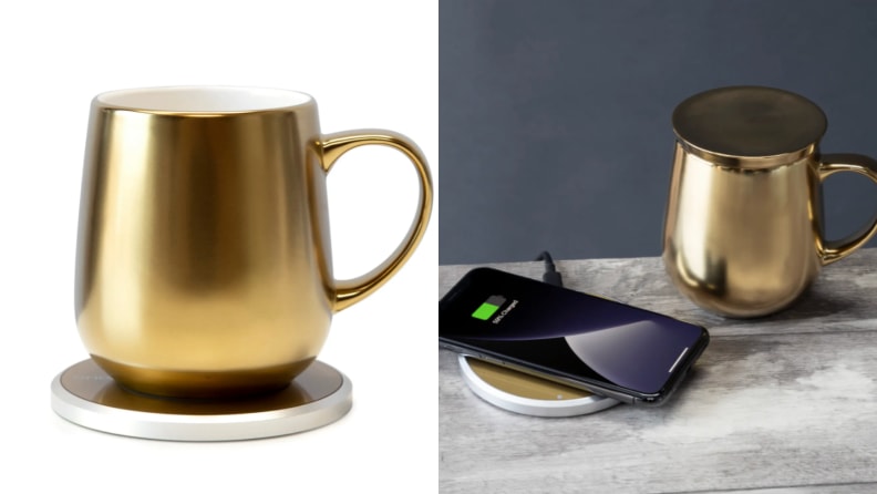 On left, product shot of gold Ui Mug & Warmer Set. On right, gold Ui Mug & Warmer Set next to charging phone