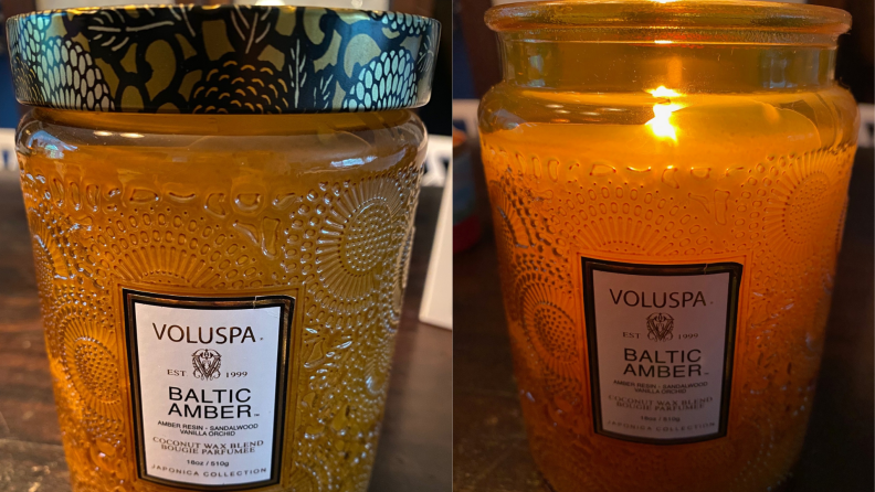 On left, wax candle in orange jar with lid. On right, burning wax candle in glass jar.