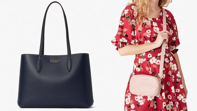 On right, black leather purse. On right, person wearing pink crossbody purse.