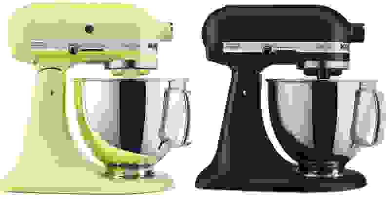 A neon green and black stand mixer, side by side.