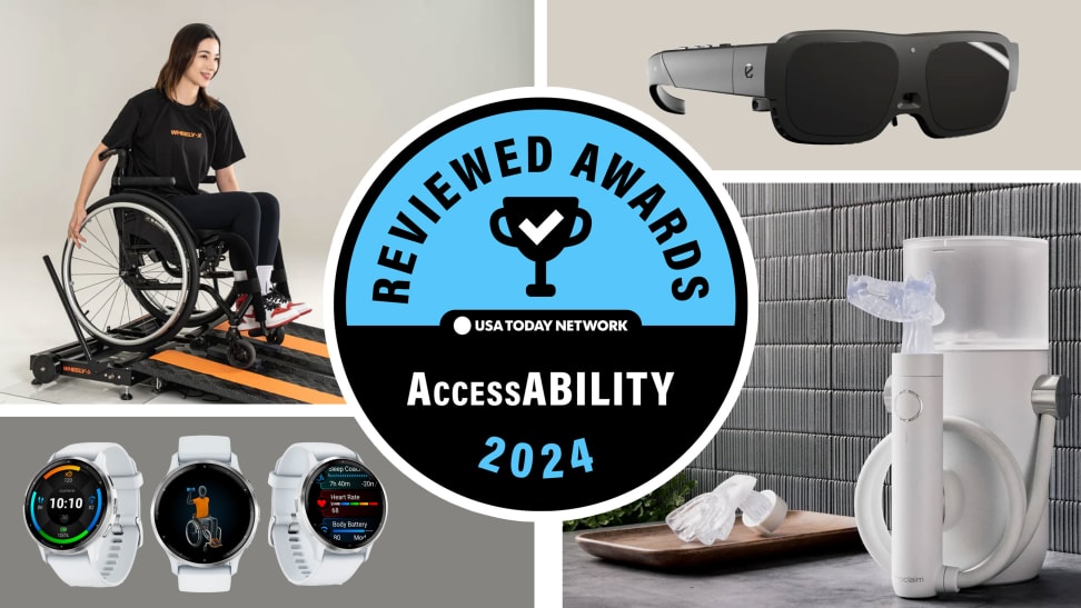 Photo collage with a person in a wheelchair, three Garmin Venu 3 smart watches, a pair of Esight Go eyewear, and the Proclaim Health Custom-Jet Oral Health System.