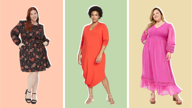 Three plus sized women modeling plus sized dresses in front of a colored background.