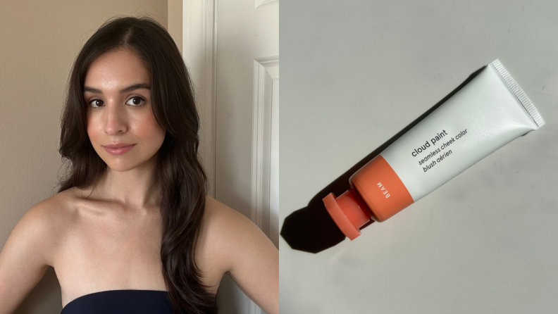 Portrait of a woman and a tube of Glossier liquid blush against a marbled background.