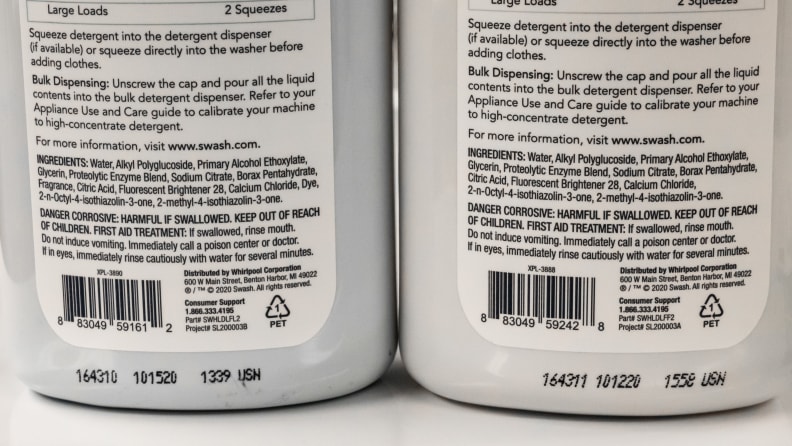 A shot of the back labels of the two Whirlpool Swash bottles.
