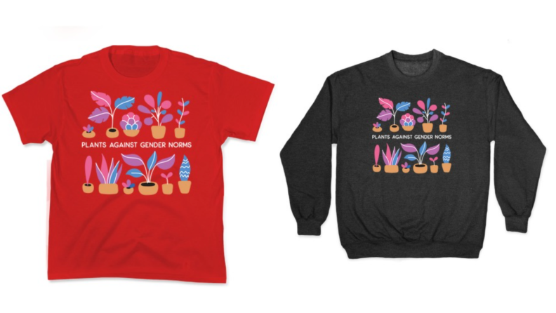 On left, red short-sleeved shirt that reads "Plants against gender norms." On right, black long-sleeved shirt that reads "Plants against gender norms."