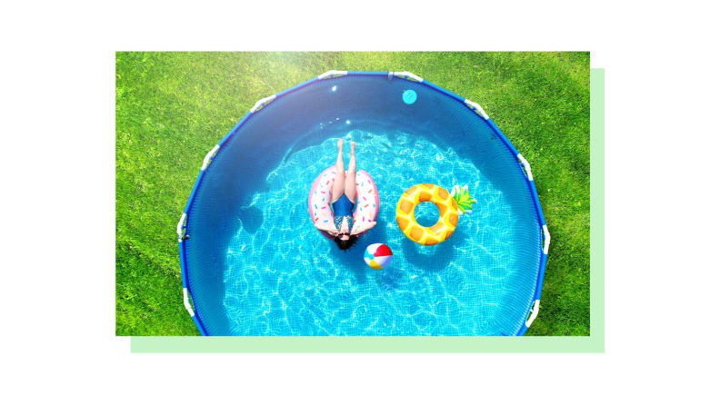 A person shown floating on an inflatable in an above ground pool.