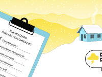 Graphic of a pre-blizzard checklist next to a cartoon home with snow on roof and surrounded by snow.