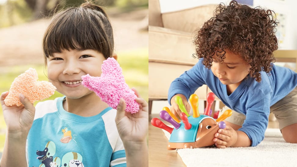 Left: A child holds up pink and orange playfoam; right: A child plays on the floor with a hedgehog toy.