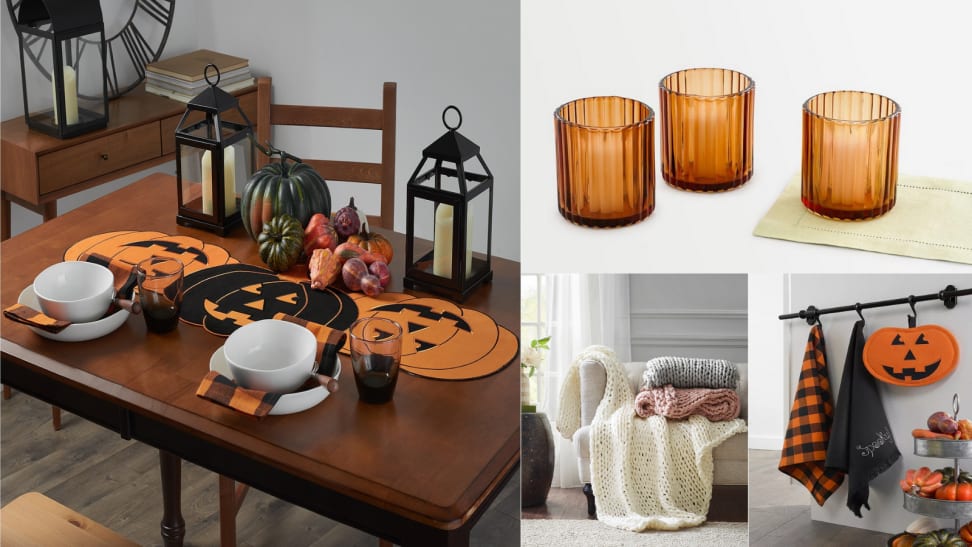 An image of several decor items including a table runner, a throw blanket, amber votives, and more.