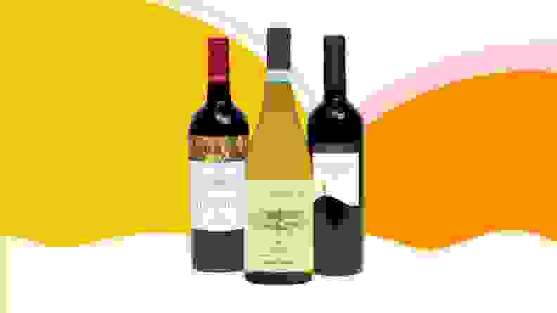 Bottles of 2018 Georges Vigouroux Hommage Malbec, a 2020 Pierofosco Sangiovese di Toscana I.G.T., and a 2019 Ca’ Gregorie Soave D.O.C. on a pink, orange, and yellow background.