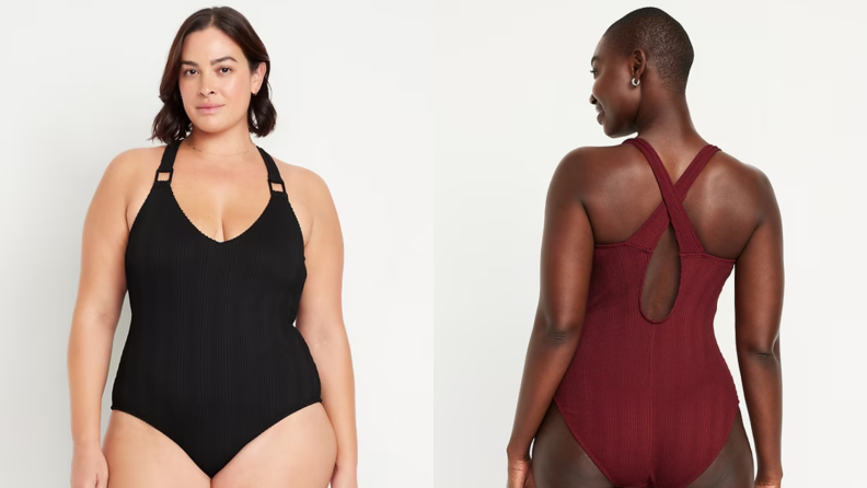 Two women wearing ribbed one-piece swimsuits, one in black shown from the front and one in burgundy shown from the back, showcasing fit and style.