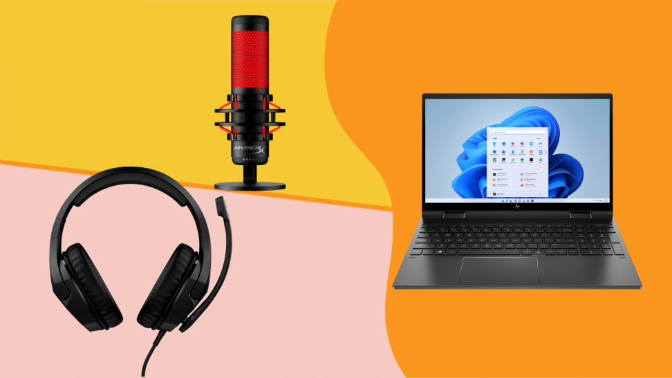 A pair of headphones, a red microphone, and an HP laptop in front of a pink, yellow, and orange background.