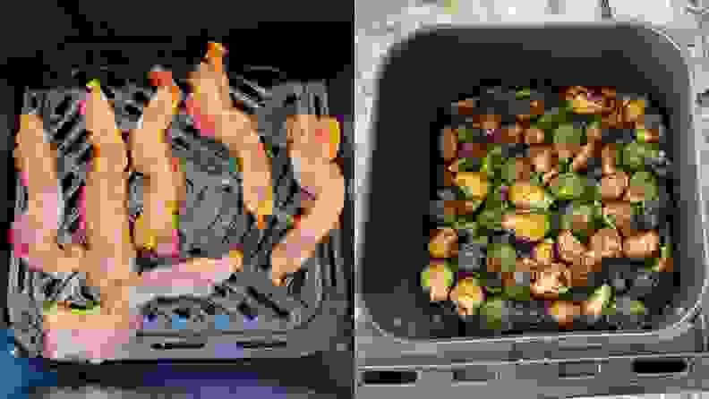 Cooked bacon and Brussels sprouts inside of basket of the Dreo Chefmaker air fryer.